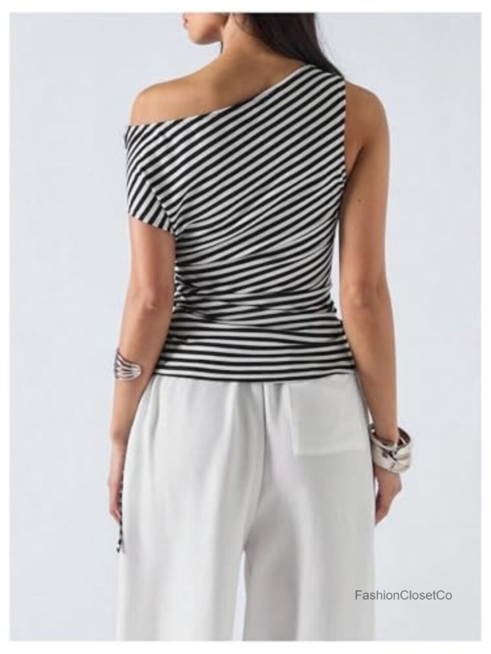 Striped One Shoulder Ribbed Knit Blouse Ruched Draped Going Out Top - Picture 3 of 5